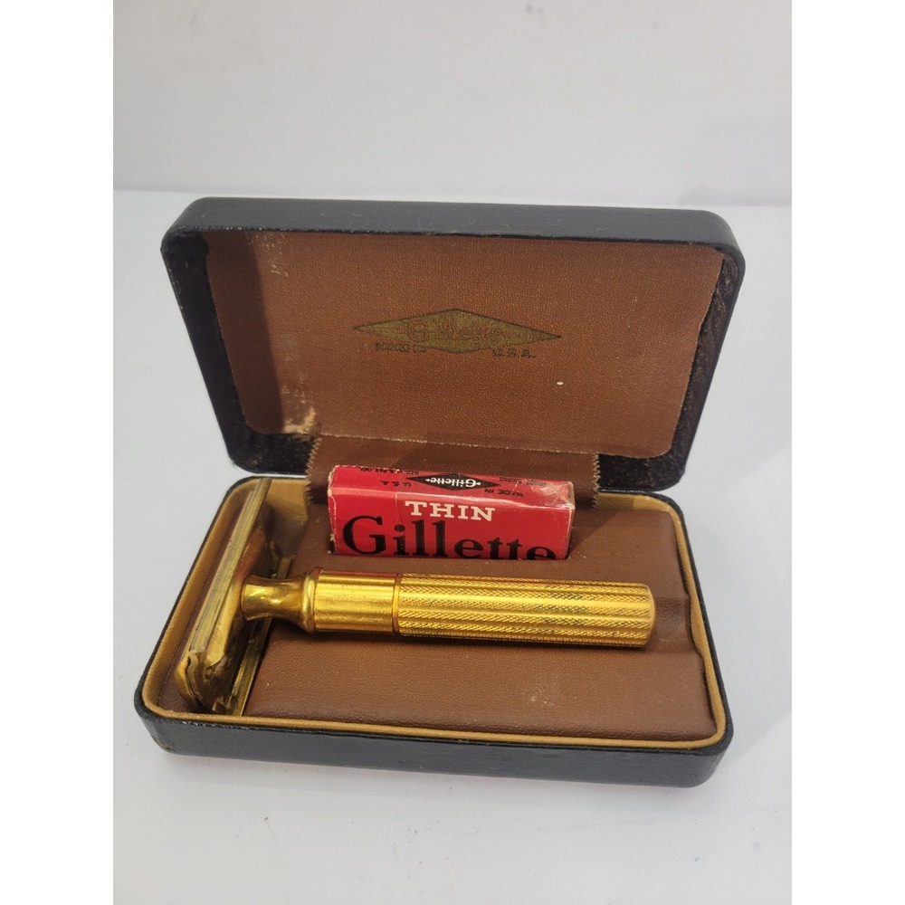 Vintage 1940's Gold Tech Gillette Fat Handle Safety Razor w/case